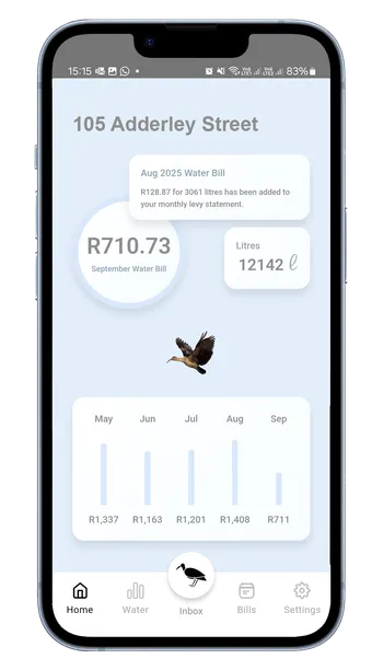 The Hadeda app home screen showing a monthly water bill, litres used and a month-by-month bill chart