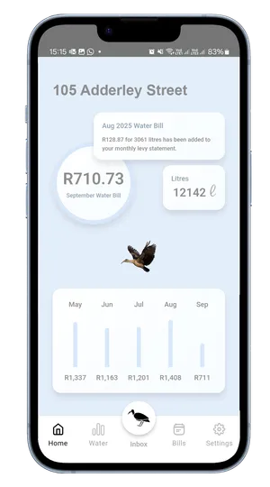 The Hadeda app home screen: monthly water bill, litres used and a month-by-month chart