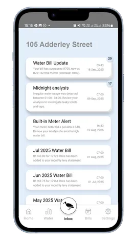 The Hadeda app inbox: bill updates, midnight-usage analysis and a built-in meter leak alert