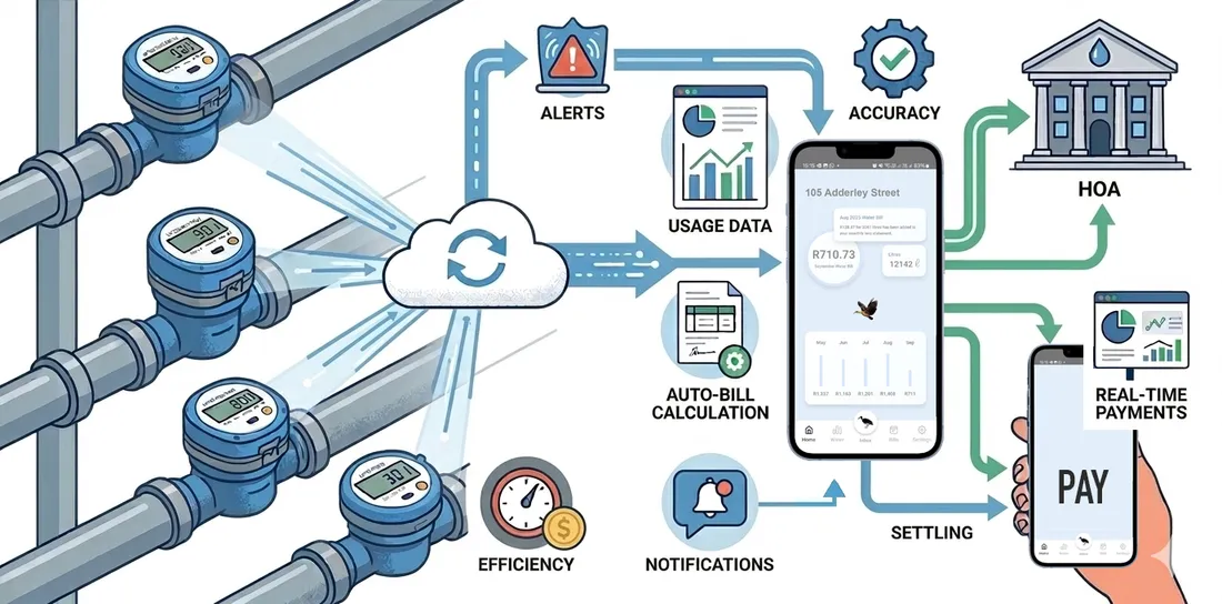 Diagram of the Hadeda system: smart water meters on pipes transmit readings to the cloud, which produces alerts, usage data and automatic bill calculations in the app, with settlement to the HOA and real-time payments