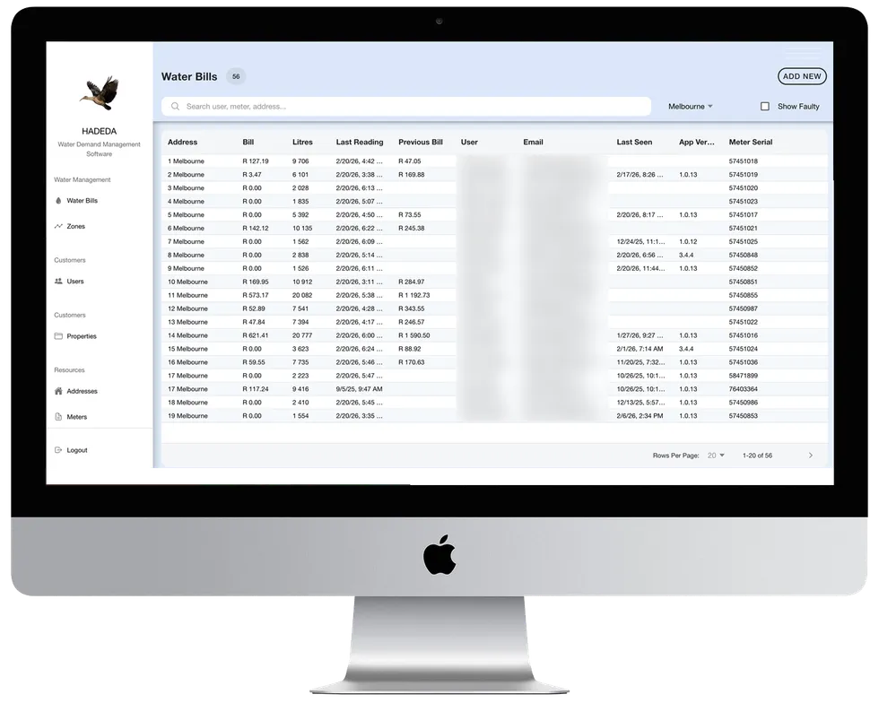 The Hadeda manager portal showing a property's water bills: per-unit amounts, litres, last readings and meter serials